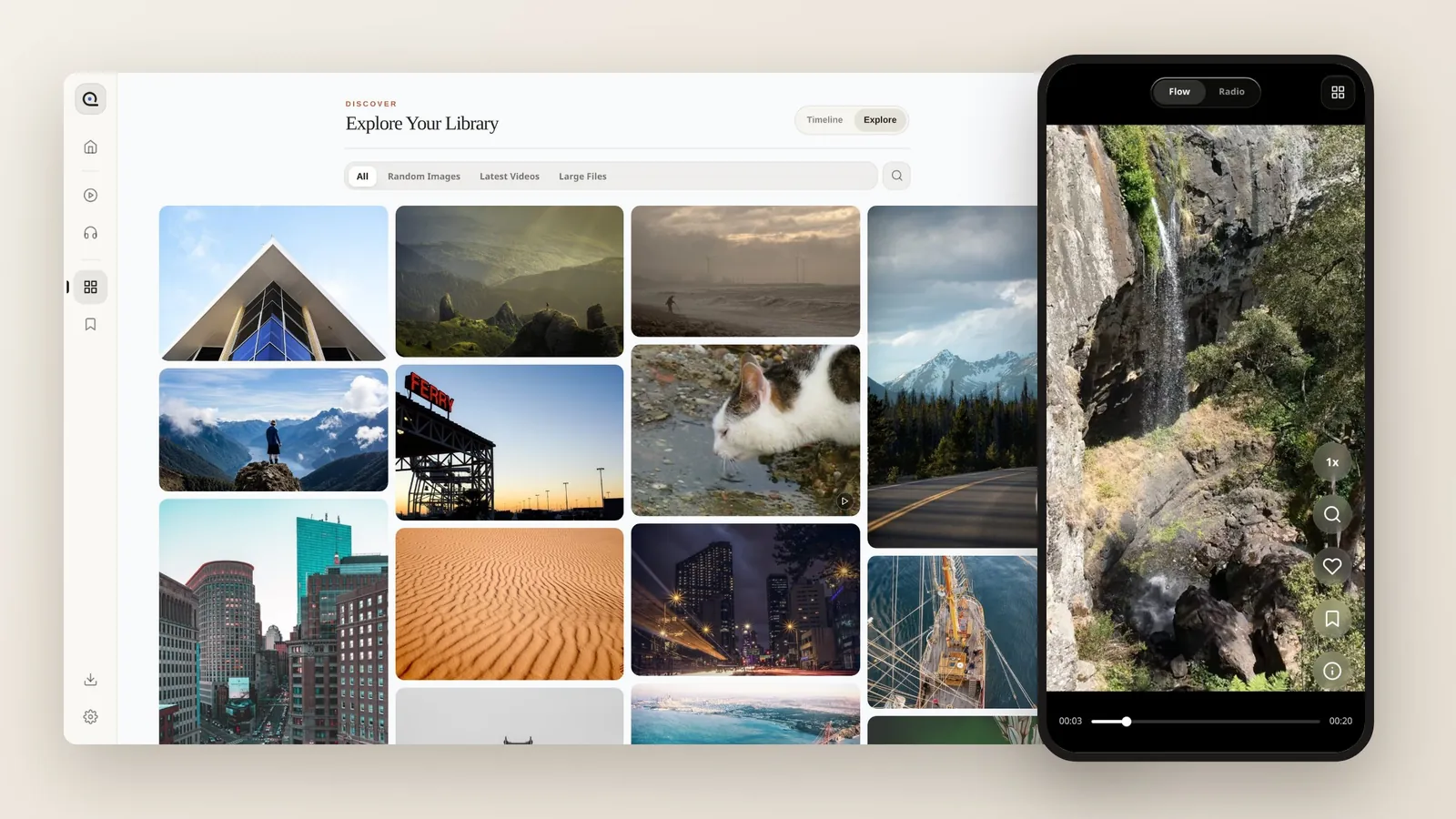 OwnFlick Library grid on desktop next to the Flow swipe feed on a phone