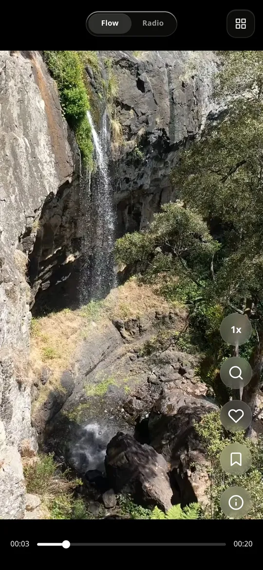 Flow: a full-screen waterfall video with speed, search, like, save and info actions
