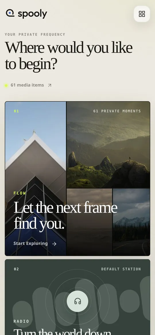 Home on a phone: a collage of recent photos with entry points to Flow and Radio